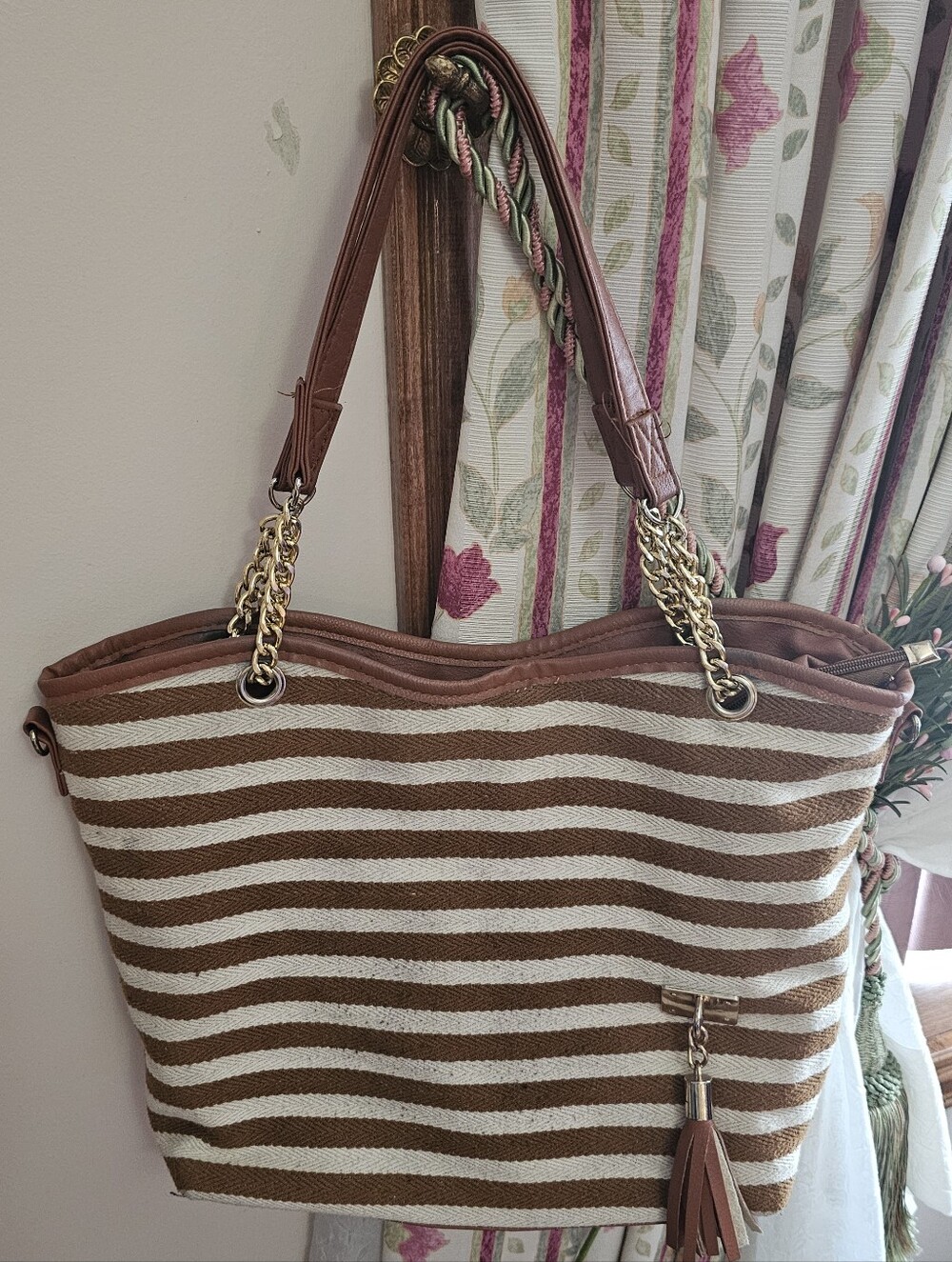 Brown and Cream Striped Woven Tote Bag with Tassel Detail